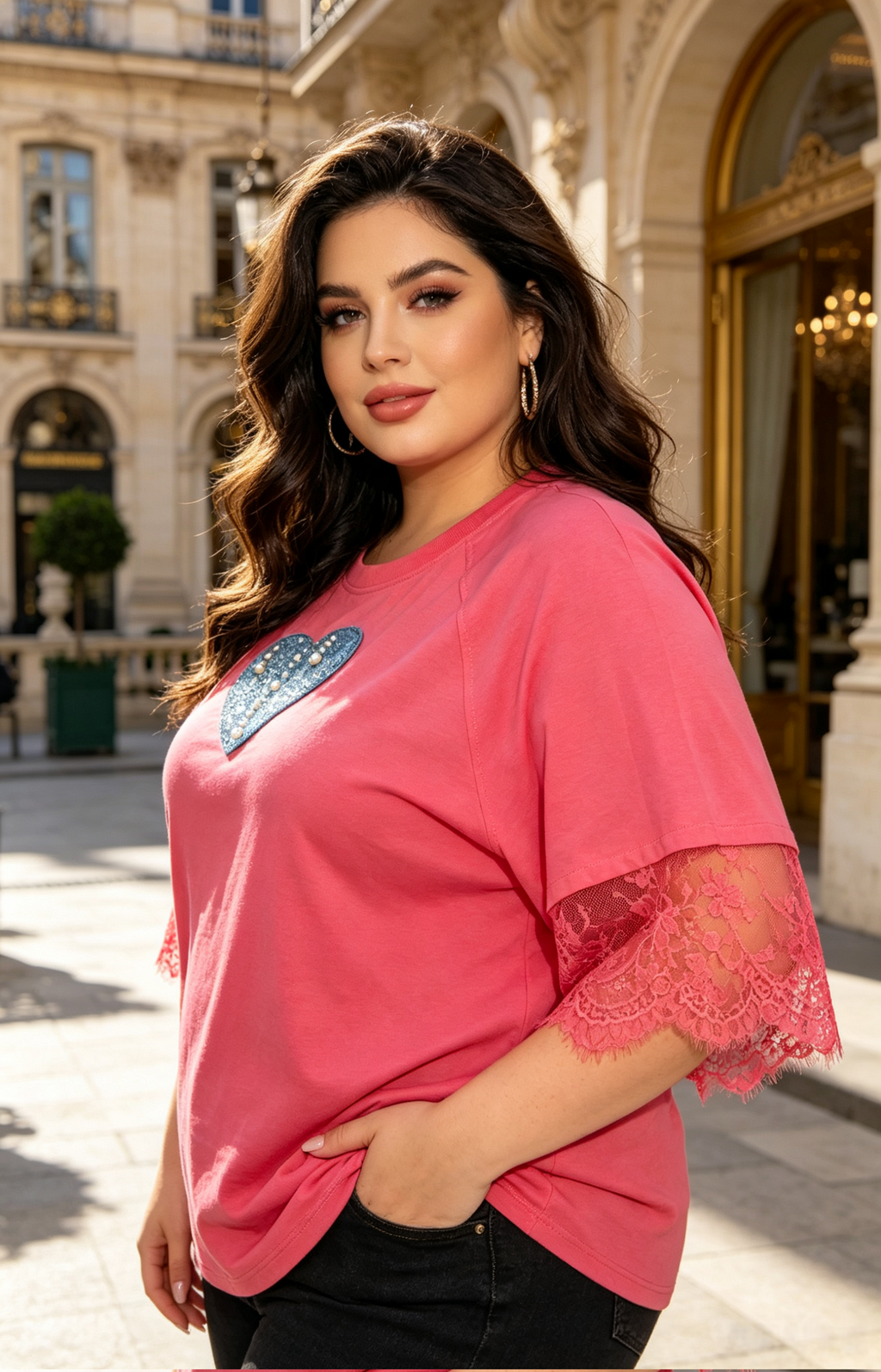 T-Shirt Grande Taille 46-60 pour Femme, Cœur en Jean et Perles, Manches en Dentelle, Multi-couleurs Disponibles, Style Décontracté Élégant H 622