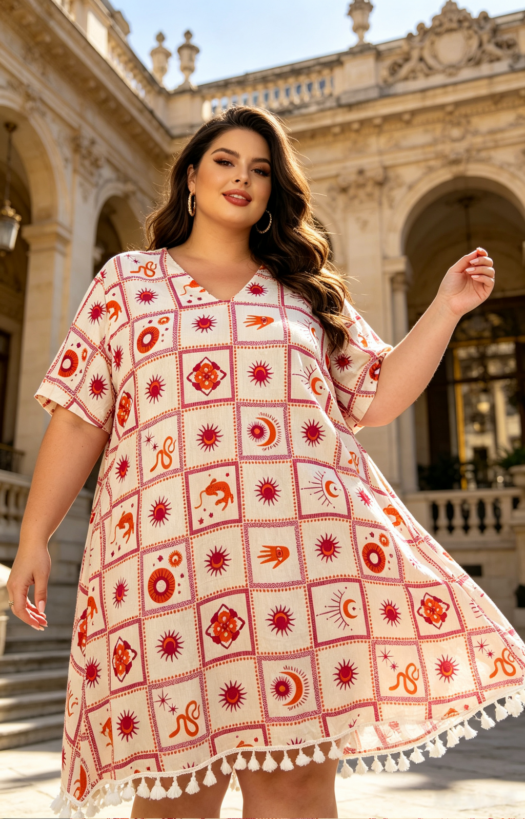 Robe Tunique Grande Taille 46-60 Femme Bohème Imprimé Soleil Lune Col V Manches Courtes Pompons Plusieurs Couleurs R 613