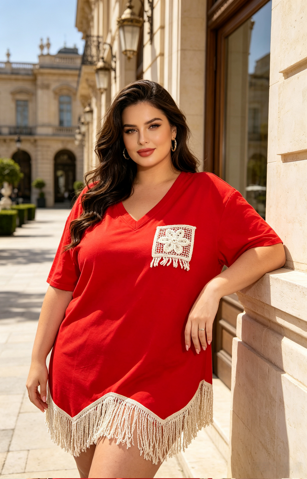 T-shirt Grande Taille 46-60 Femme V Col en V avec Poche Crochetée et Franges, Plusieurs Couleurs Disponibles H 606