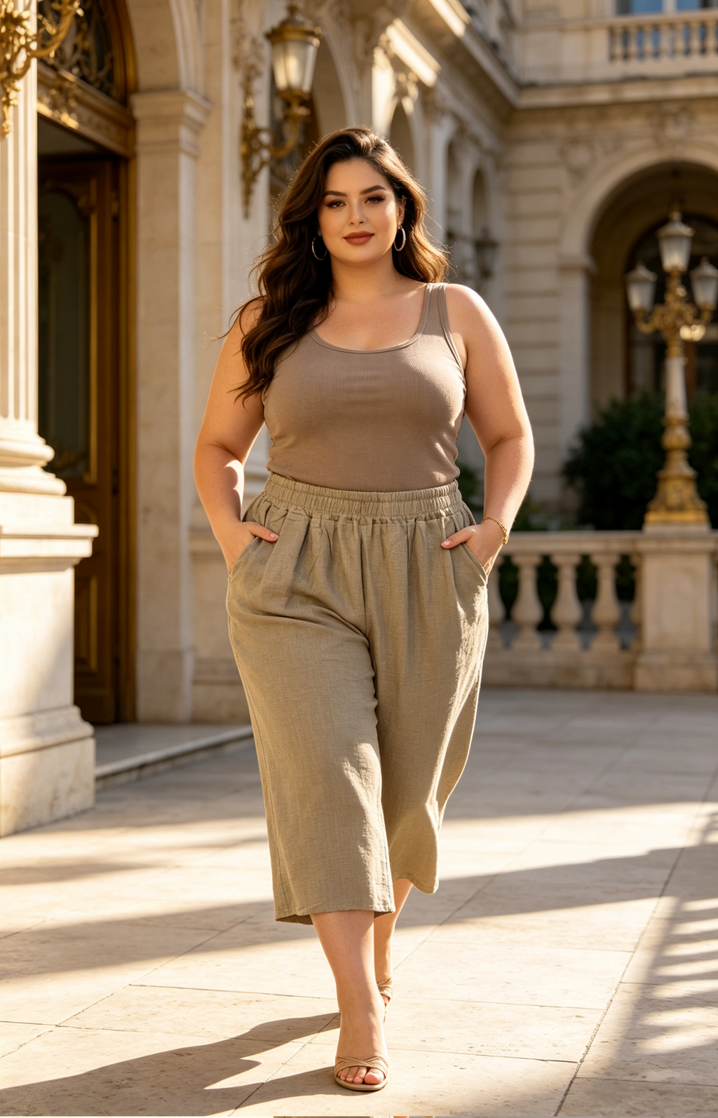 Pantalon 7/8 Grande Taille Femme 46-60 | Culotte Large Beige Fluide, Confortable et Légère, Plusieurs Couleurs Disponibles P 603 UNi