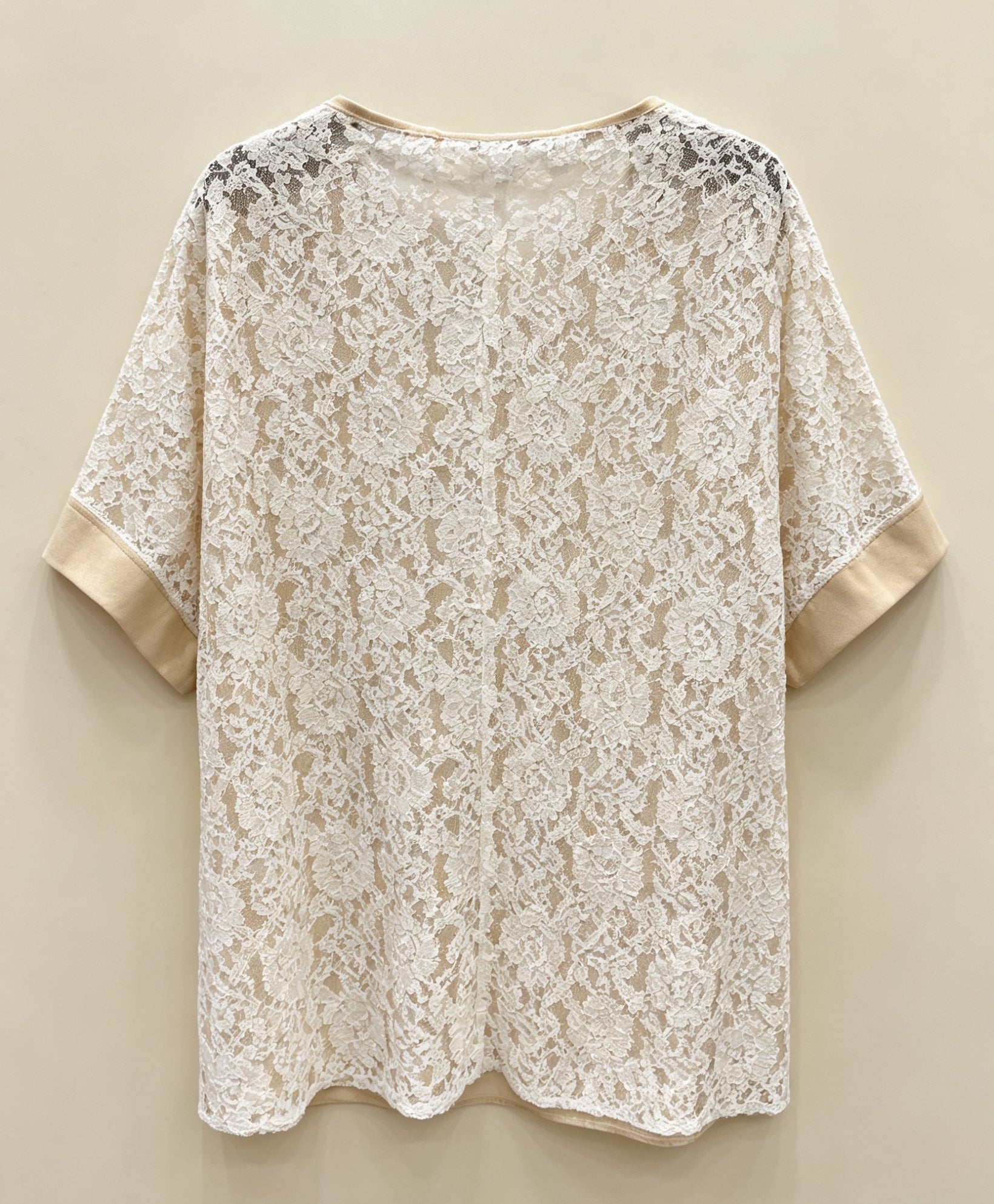 Blouse Grande Taille Beige Bleu Jean Bleu Ciel, Haut Manches Courtes Dos Entier Dentelle, T-Shirt V-Col Élégant pour Femme Grande Taille, Top Décontracté Chic Été, Chemise Confortable Imprimé Dos Transparent H 645