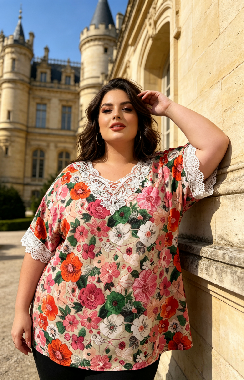Blouse Grande Taille Imprimé Floral Jaune Rouge Vert, Haut Manches Courtes avec Dentelle Blanche pour Femme 3XL 4XL 5XL 6XL, Chemise Été Élégante et Décontractée, Vêtement Chic Grande Taille H 641