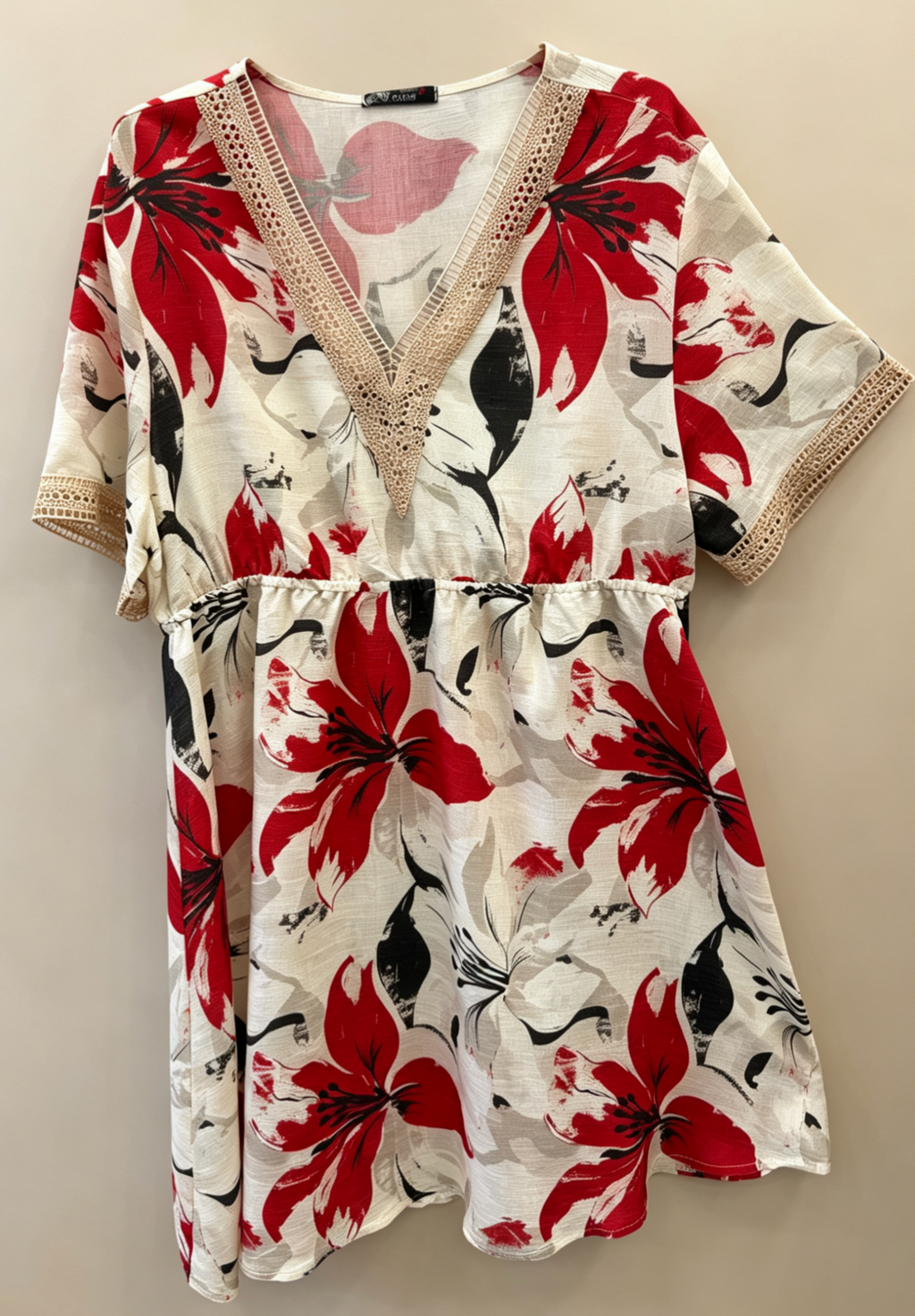 Große Größen Kleid mit gelb-rot-grünem Blumendruck, Midikleid mit V-Ausschnitt und Häkelärmeln, bequemes Sommerkleid mit elastischer Taille, schickes Boho-Kleid für Damen, lässiges Urlaubskleid für den Strand 2WR615