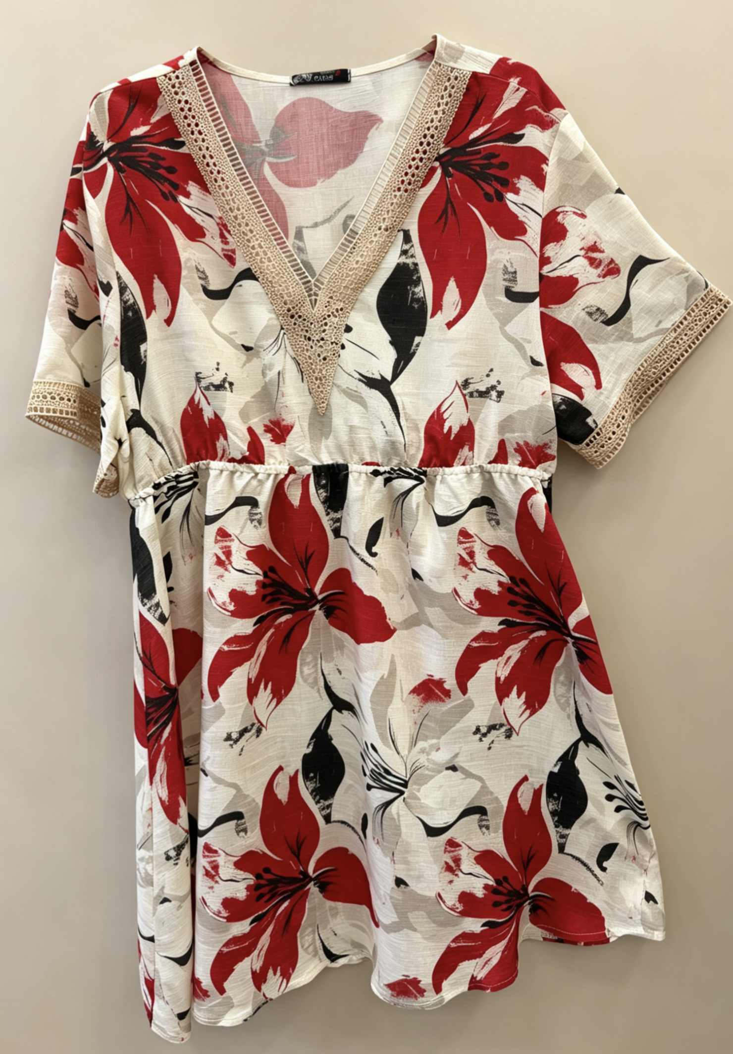 Große Größen Kleid mit gelb-rot-grünem Blumendruck, Midikleid mit V-Ausschnitt und Häkelärmeln, bequemes Sommerkleid mit elastischer Taille, schickes Boho-Kleid für Damen, lässiges Urlaubskleid für den Strand 2WR615