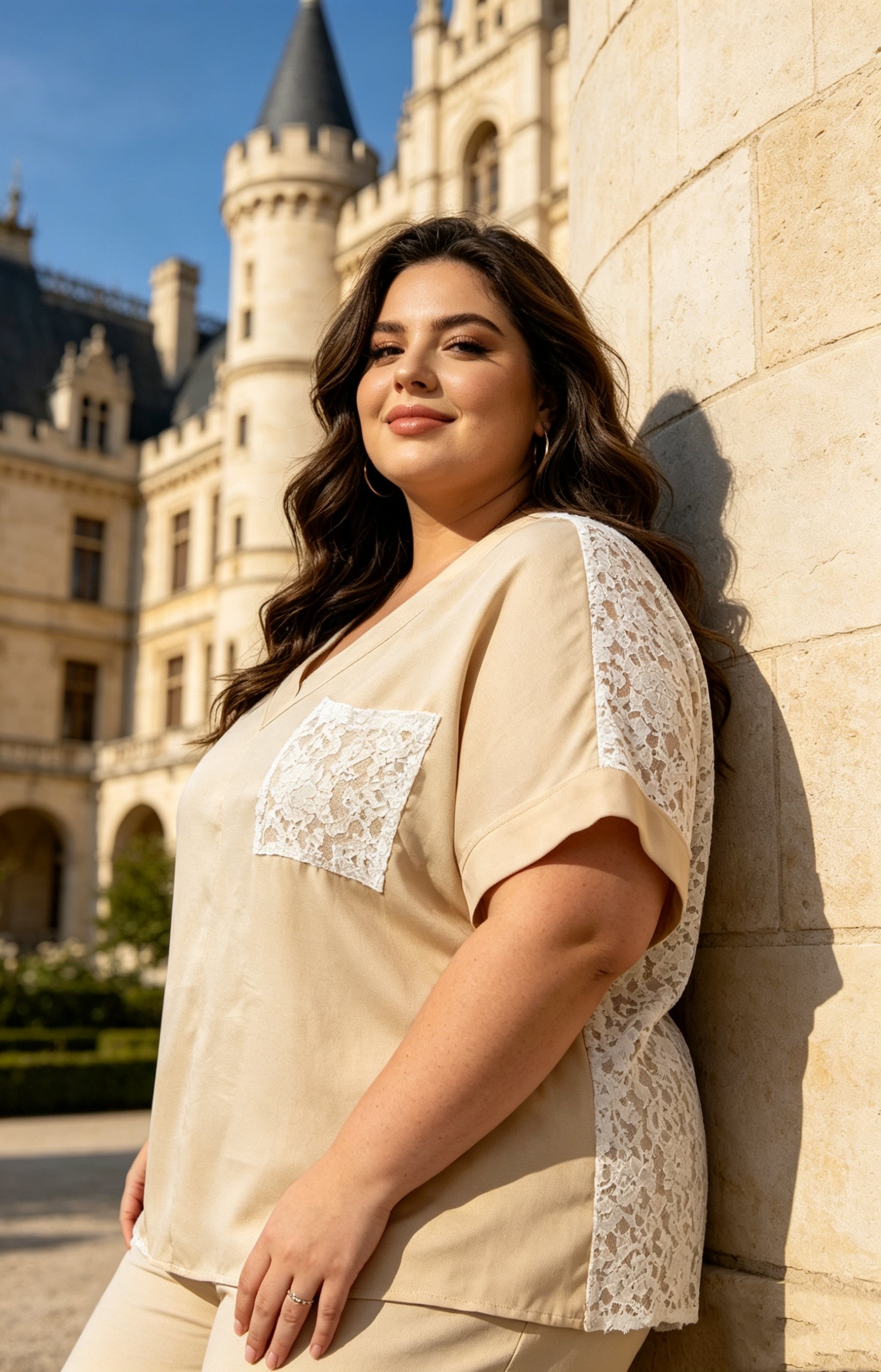 Blouse Grande Taille Beige Bleu Jean Bleu Ciel, Haut Manches Courtes Dos Entier Dentelle, T-Shirt V-Col Élégant pour Femme Grande Taille, Top Décontracté Chic Été, Chemise Confortable Imprimé Dos Transparent H 645
