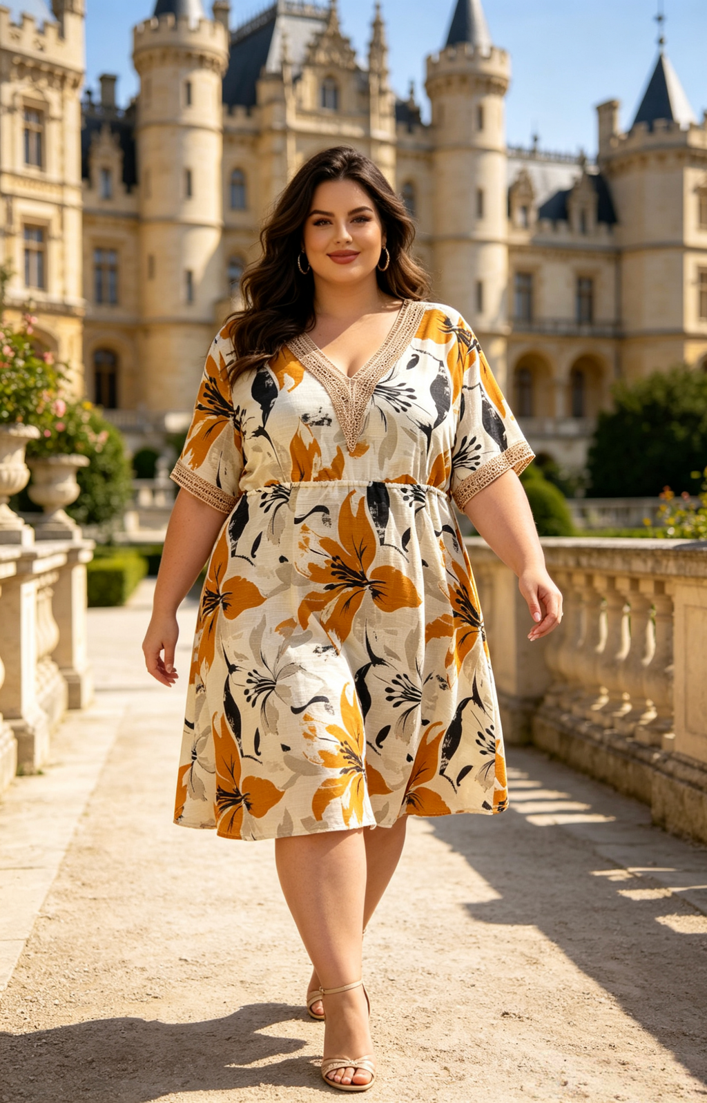 Große Größen Kleid mit gelb-rot-grünem Blumendruck, Midikleid mit V-Ausschnitt und Häkelärmeln, bequemes Sommerkleid mit elastischer Taille, schickes Boho-Kleid für Damen, lässiges Urlaubskleid für den Strand 2WR615
