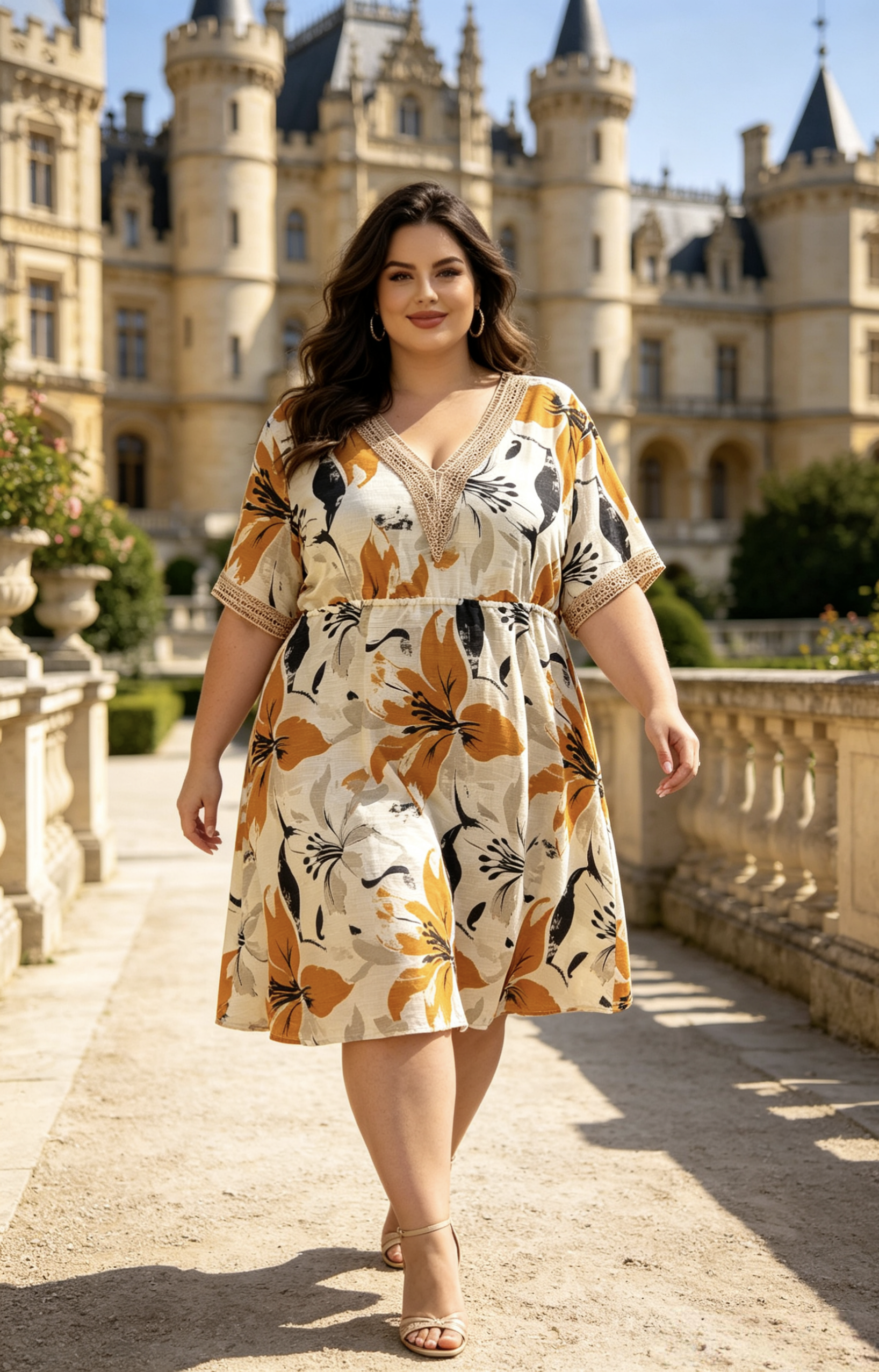 Robe Grande Taille Imprimée Floral Jaune Rouge Vert, Robe Mi-Longue Col V Crochet Manches Courtes, Robe Été Confortable Taille Élastiquée, Robe Bohème Chic pour Femme, Robe Décontractée Vacances Plage R 615