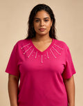 T-Shirt Übergröße Schwarz Weiß Hellbraun Fuchsia, Oberteil mit kurzen Ärmeln und V-Ausschnitt, verziert mit Perlen, Damen-T-Shirt, schicke lässige Sommerbluse, bequemes Top in Übergröße 46-60 2WH25