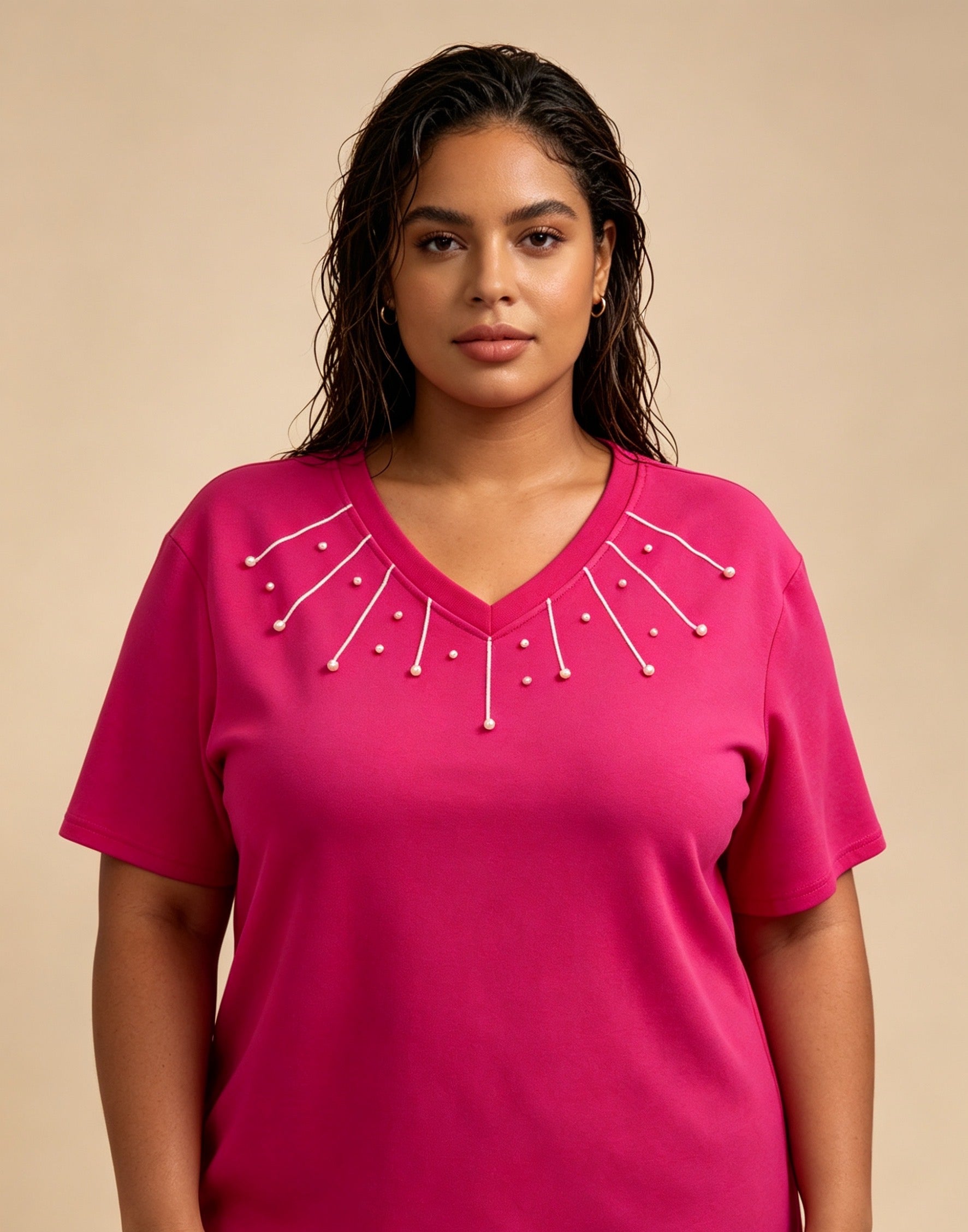 T-Shirt Grande Taille Noir Blanc Marron Clair Rose Fuchsia, Haut Manches Courtes Col V Orné de Perles, Tee-Shirt pour Femme, Blouse Décontractée Chic Été, Top Confortable Grande Taille 46-60 H 25
