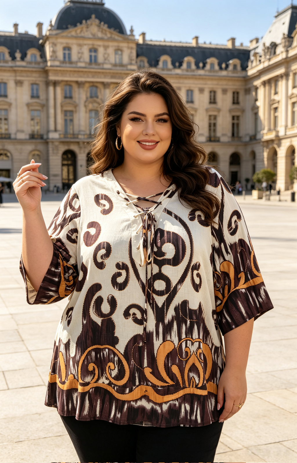 Blouse Grande Taille 46-60 Imprimé Ikat Femme, Tunique V-Neck Lacée Manches Évasées, Minceur et Confortable, Plusieurs Couleurs Disponibles H 27