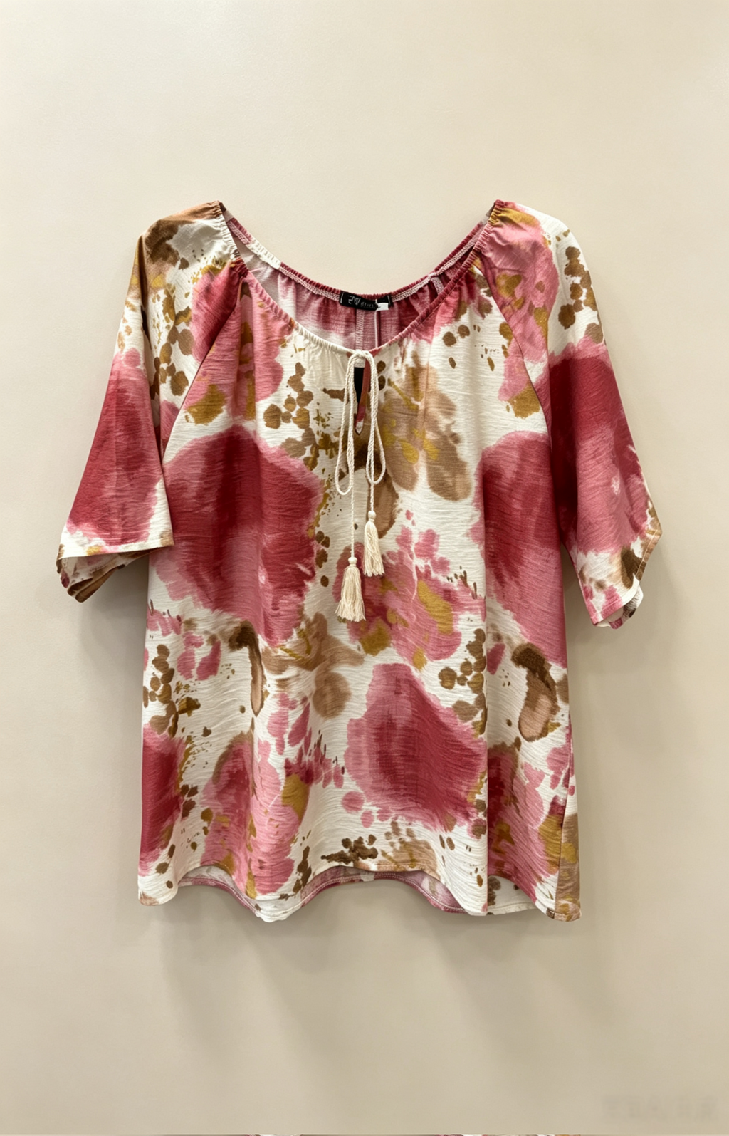 Blouse Grande Taille 46-60 Femme - Modèle Tie & Dye Boho avec Pompons, Manches Courtes, Plusieurs Couleurs Disponibles H 646 -1 Aquarelle