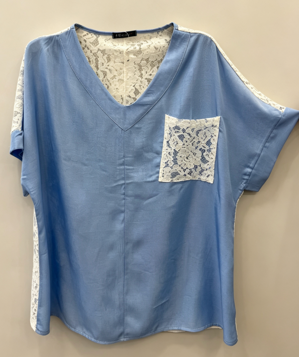 Große Größe Bluse Beige Blau Jeans Hellblau, Oberteil Kurzarm Rücken Voll Spitze, T-Shirt V-Ausschnitt Elegant für Damen Große Größen, Top Lässig Schick Sommer, Bequemes Hemd Bedruckt Rücken Transparent 2WH645