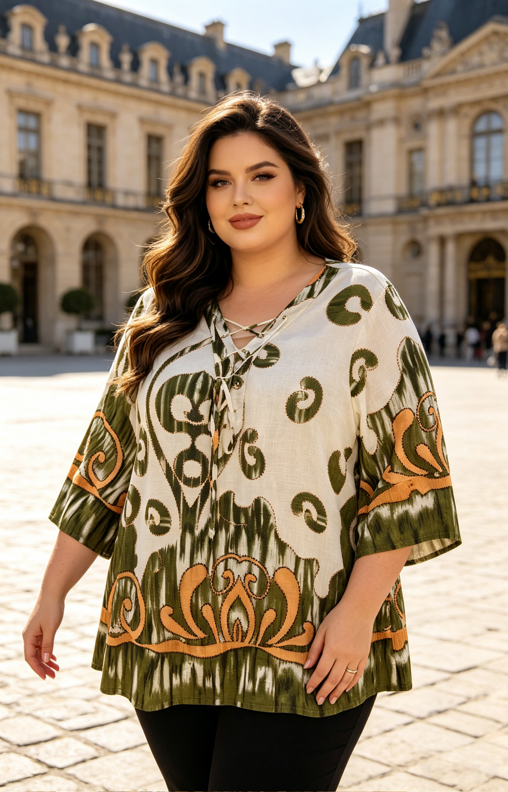 Blouse Grande Taille 46-60 Imprimé Ikat Femme, Tunique V-Neck Lacée Manches Évasées, Minceur et Confortable, Plusieurs Couleurs Disponibles H 27