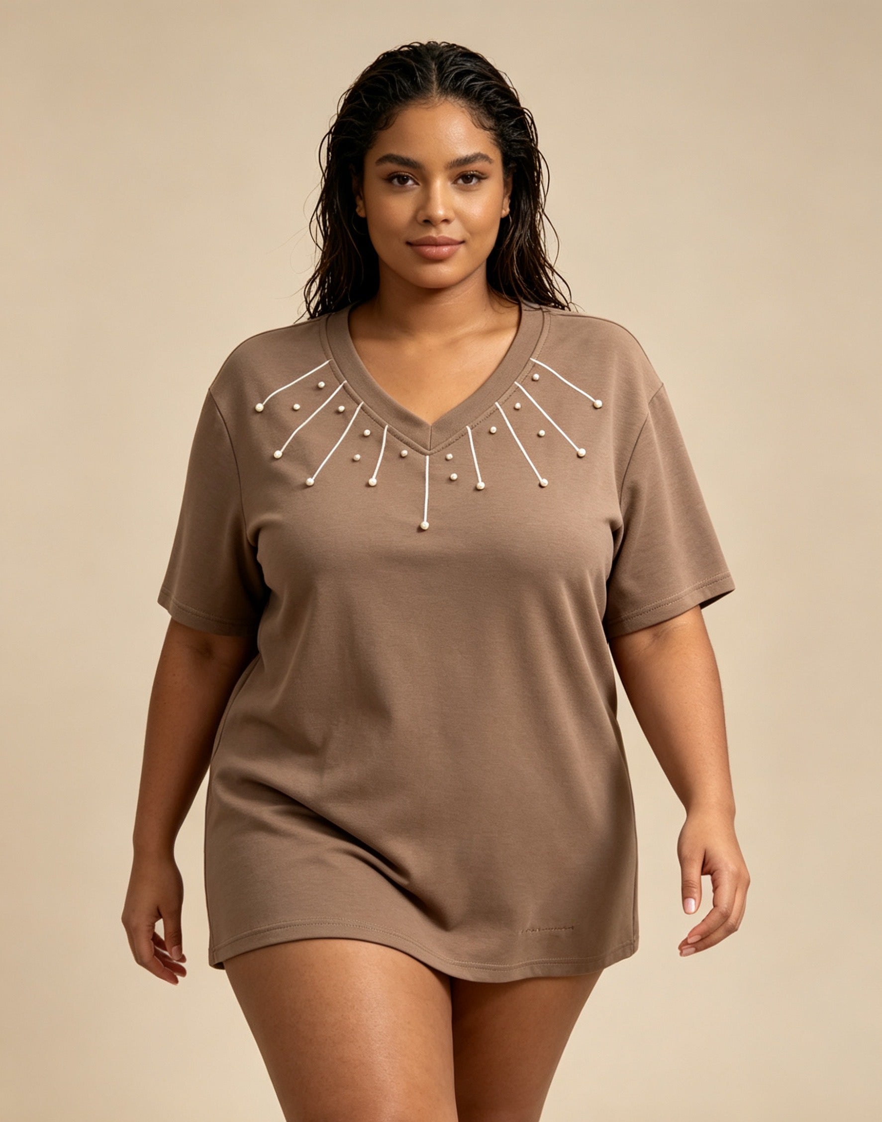 T-Shirt Grande Taille Noir Blanc Marron Clair Rose Fuchsia, Haut Manches Courtes Col V Orné de Perles, Tee-Shirt pour Femme, Blouse Décontractée Chic Été, Top Confortable Grande Taille 46-60 H 25