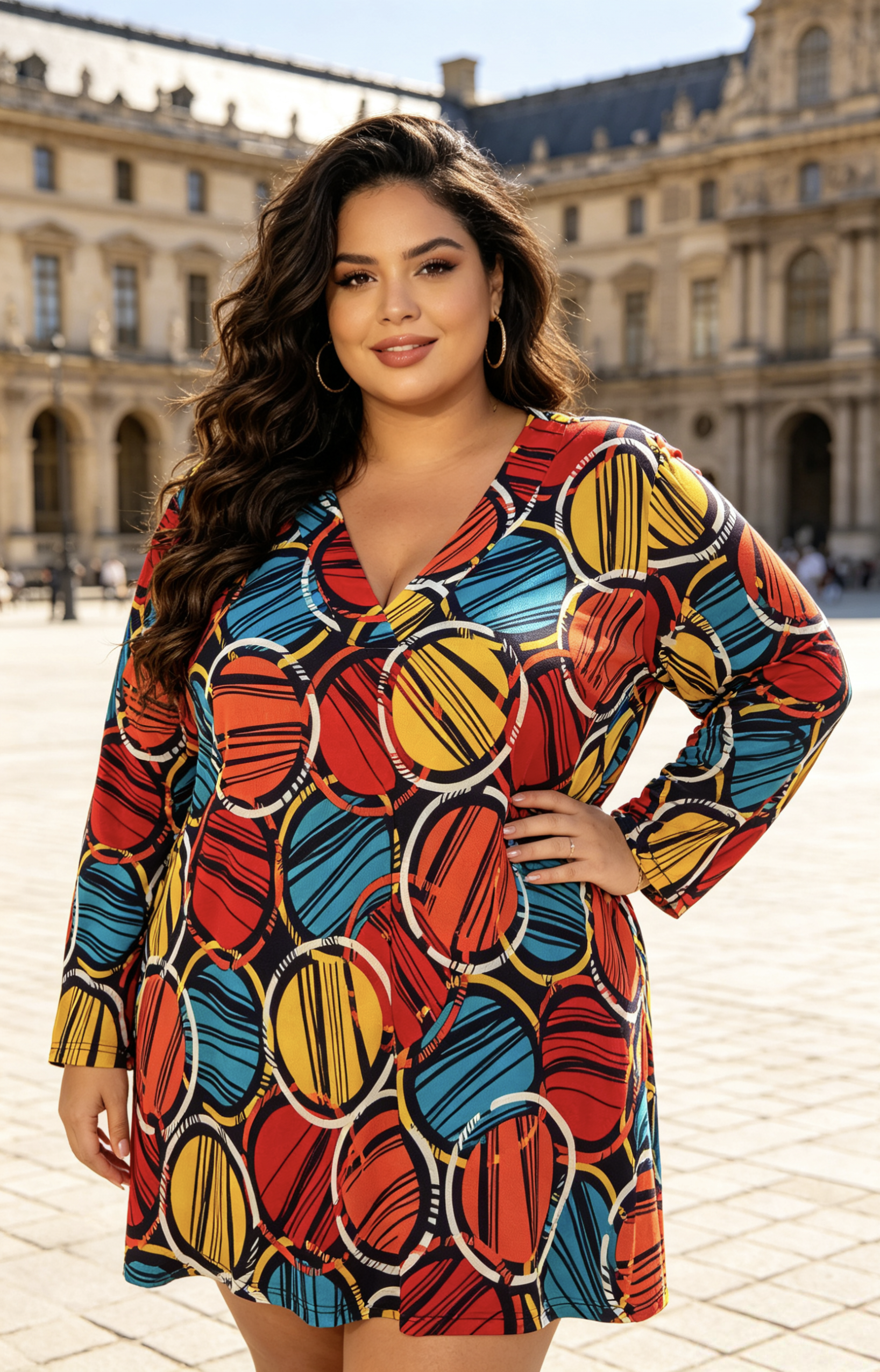 Blouse Tunique Grande Taille H3976 | Imprimé Cercles Multicolore, Manches Longues, Tailles 46-60